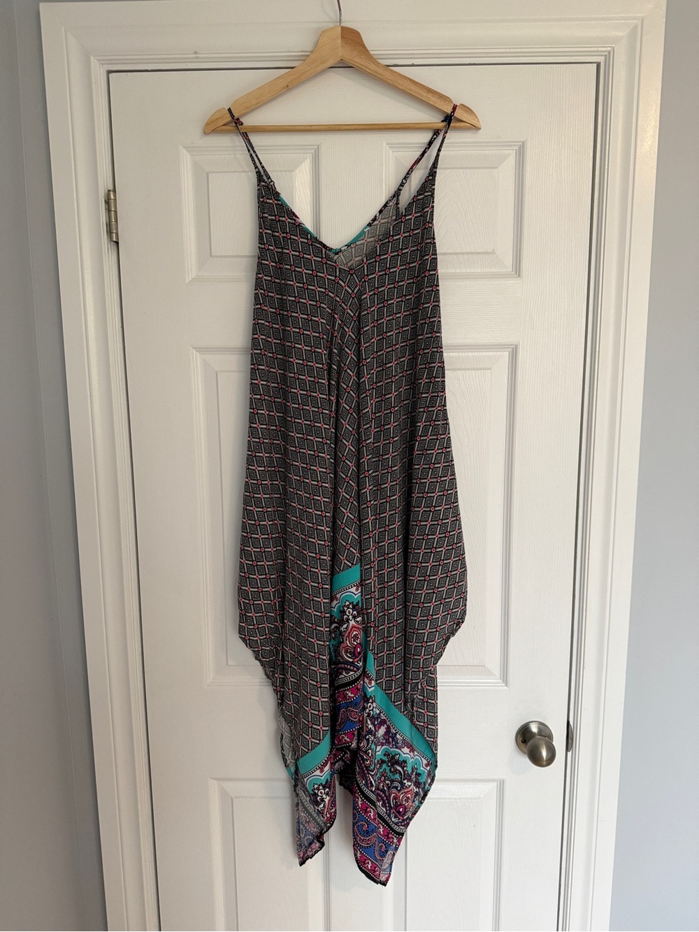 Women's Black Patterned Spaghetti-Strap Handkerchief Hem Dress with Teal Accents